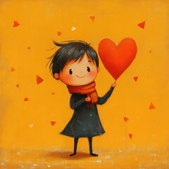 Adorable Child Holding a Heart-Shaped Balloon on Yellow.