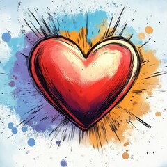 Radiant Red Heart with Colorful Splashes and Rays.