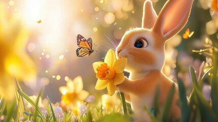Cute baby bunny enjoys a sunny day surrounded by colorful flowers and butterflies in a whimsical cartoon style