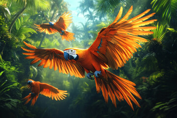 Scarlet Macaws in Flight Through Lush Tropical Foliage