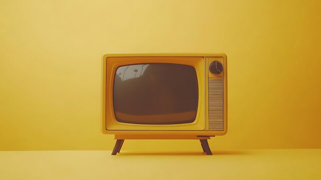 A classic tube television with a retro design on a yellow background with a nostalgic touch