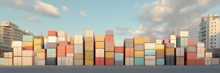 Fototapeta premium An array of vibrant, stacked cargo containers under a clear blue sky, symbolizing global trade, commerce, and the connected world of modern industrial shipping.