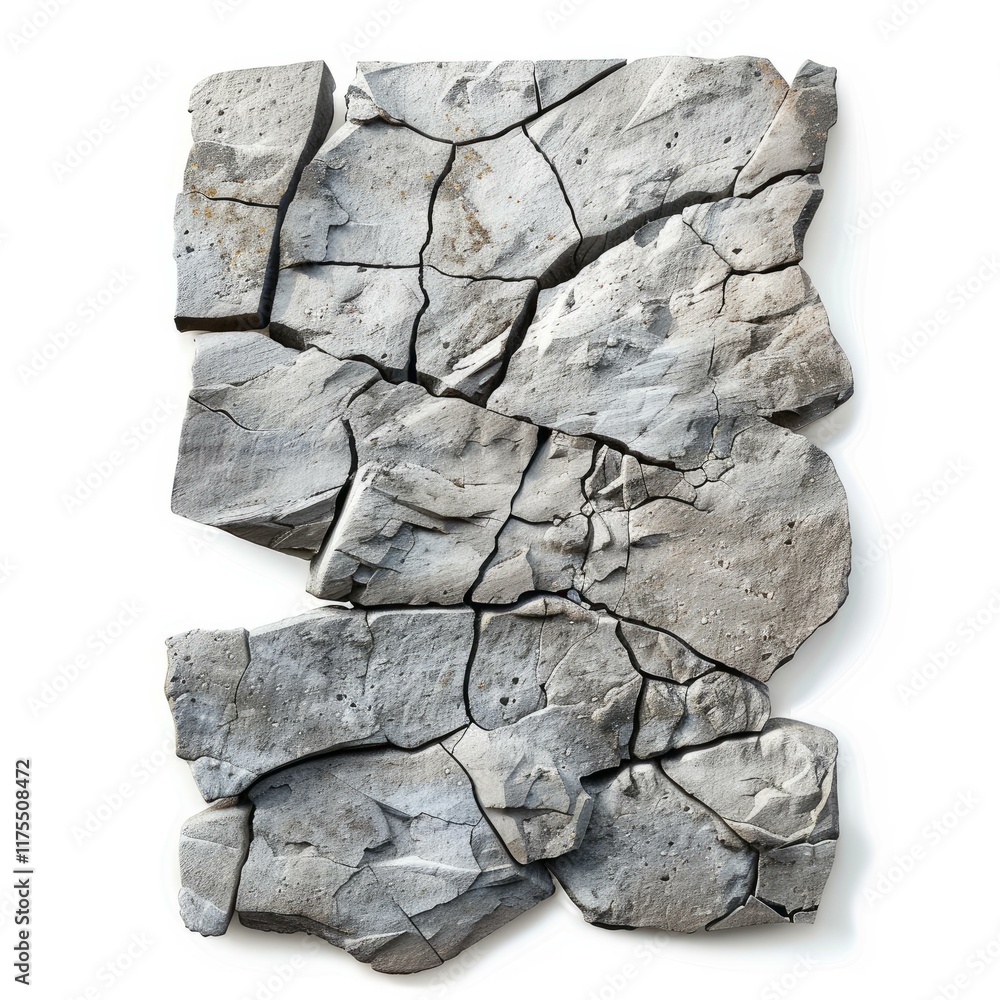 Poster cracked dry clay pieces forming an abstract shape are isolated on white background, creating a textu