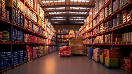 Warehouse Rows Of Stacked Goods And Products