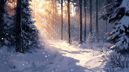 A serene snowy forest with sunlight streaming through the trees, creating a magical winter atmosphere
