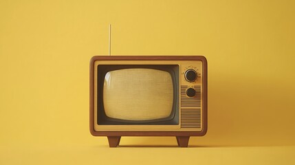 A vintage television with wood paneling and manual dials placed on a yellow backdrop