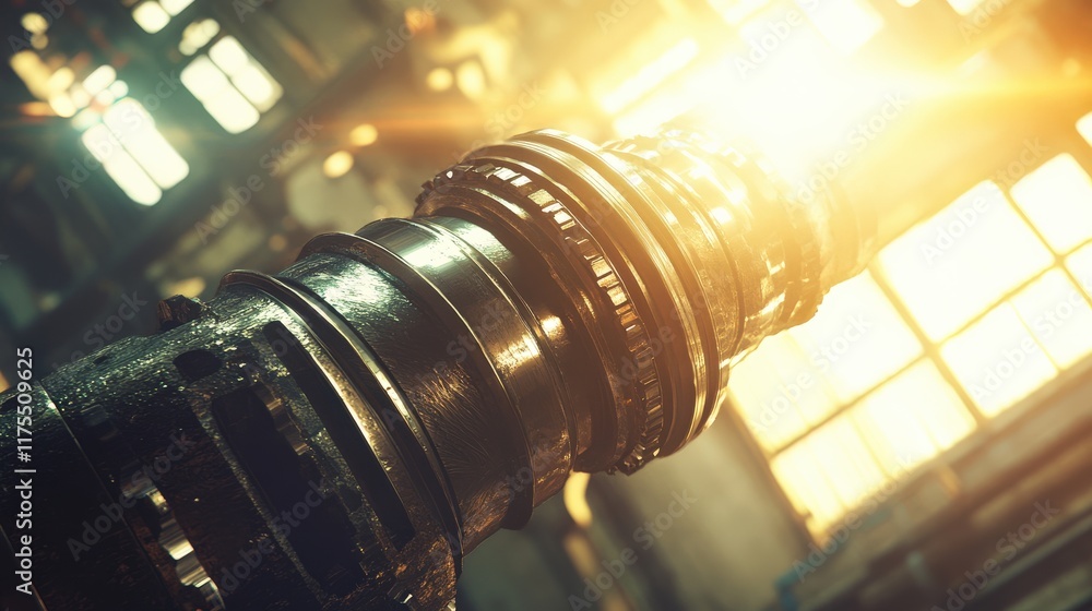 Poster close-up of industrial machinery component with sunlight ray highlighting metal texture in workshop 
