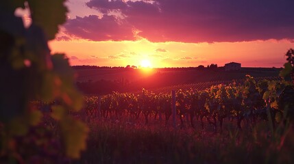 Obraz premium Vineyard Sunset: The sun dips below the horizon, casting a warm, romantic glow over the vineyards, promising a beautiful evening.