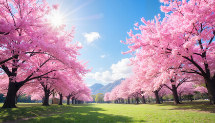 Obraz premium Cherry blossom trees in full bloom under sunny sky