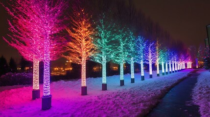 A row of snow-dusted pine trees with colorful lights wrapped around the trunks and branches