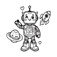 Coloring book sketch design for children, with cute robot pictures. Single design, black outline