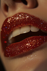 A close-up image of lips coated in bold red glitter, with shimmering golden and iridescent particles creating a dazzling effect. 