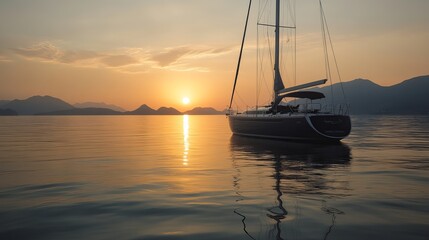 Sunset Sail: Capture the essence of a tranquil seascape as a sleek sailboat glides across calm waters, bathed in the golden hues of a breathtaking sunset.