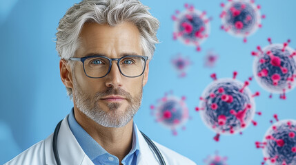 Male doctor with gray hair and glasses, focused on health issues, surrounded by virus illustrations, conveying professionalism and care