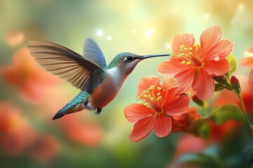 Fototapeta premium hummingbird delicately hovering over a vibrant cluster of red flowers in a lush garden capturing the essence of spring and the beauty of nature in a dynamic and colorful portrayal