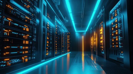 Futuristic server room with glowing panels and advanced technology.