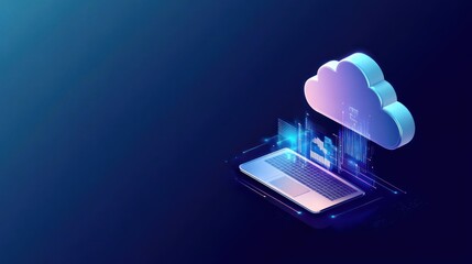 Digital cloud computing concept with a laptop and data flow.