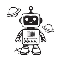 Coloring book sketch design for children, with cute robot pictures. Single design, black outline