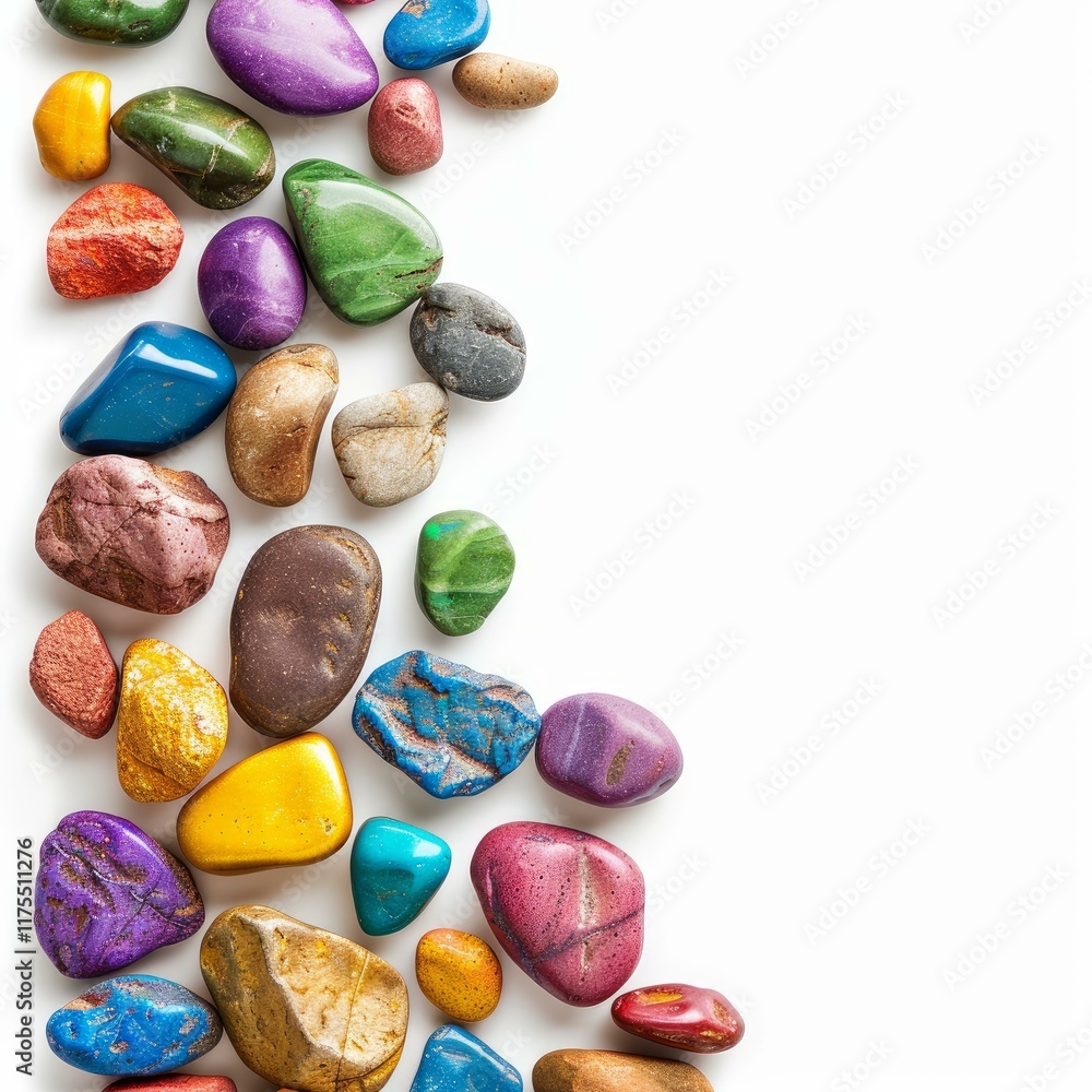 Poster polished gemstones in various colors creating a vertical border on a white background