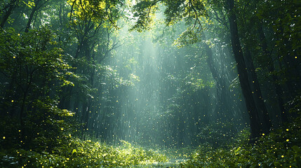 Obraz premium Serene Forest in Gentle Rain with Glowing Droplets and Vibrant Foliage