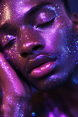 A close-up portrait of a person with their hand gently touching their face, covered in dazzling purple glitter, with sparkling glitter on the skin and around the eyes.  