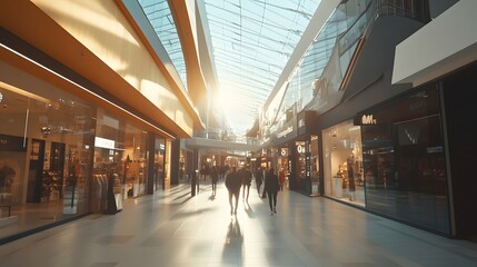 Sunlit Modern Shopping Mall Interior With Shoppers