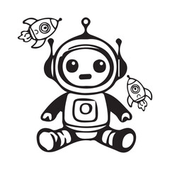 Coloring book sketch design for children, with cute robot pictures. Single design, black outline