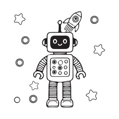 Coloring book sketch design for children, with cute robot pictures. Single design, black outline