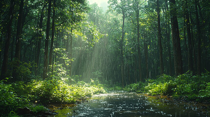 Obraz premium Serene Forest in Gentle Rain with Glowing Droplets and Vibrant Foliage