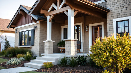 Fototapeta premium Tan Brick House with Covered Porch and Landscaping