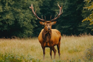 Fototapeta premium Majestic Elk Stands in Golden Meadow Forest Background
