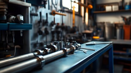 Fototapeta premium Precision Metal Parts Resting On A Workshop Table