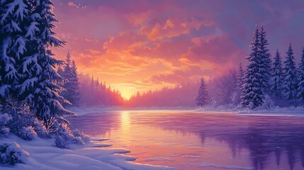 A picturesque frozen lake surrounded by snow-dusted evergreens under a vibrant winter sunset