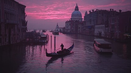 Venetian Dawn: A lone gondola glides through the tranquil waters of a Venetian canal as the first light of dawn paints the sky in a breathtaking symphony of pinks and purples.