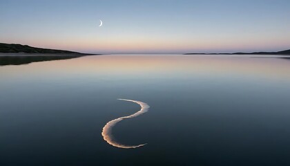Crescent Moon Reflected on Calm Water at Dusk