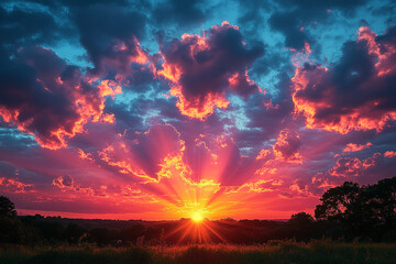 Obraz premium Vibrant Sunset Over Rural Landscape With Dramatic Clouds