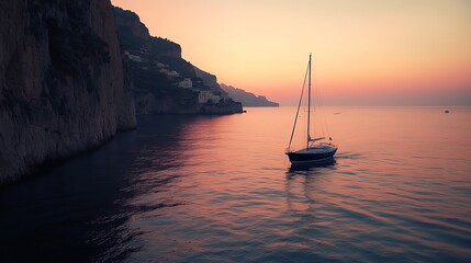 Serene sunset view of a sailboat gliding along the dramatic Amalfi Coast, Italy.  The warm colors paint a picturesque scene of tranquility and adventure. 