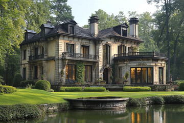 Obraz premium Elegant Stone Mansion Beside Serene Water Feature
