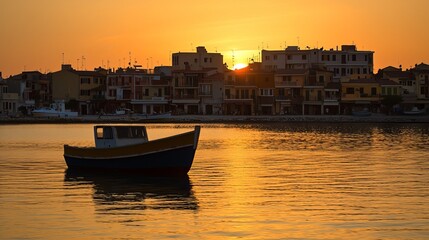 Fototapeta premium A solitary boat rests on tranquil waters, silhouetted against the vibrant hues of a breathtaking sunset over a picturesque harbor town.