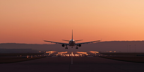 An airplane touching down on the runway amidst a breathtaking sunrise, with landing lights glowing, symbolizing the journey's end and beginning of adventures.