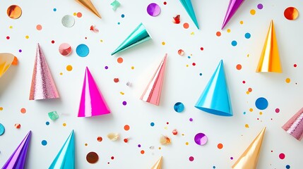 A neatly arranged flat lay of shiny party hats, glittery noise makers, and festive confetti on a white background