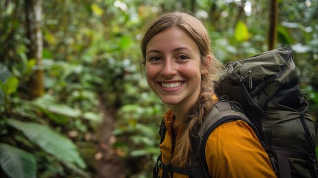 Smiling woman hiker in lush rainforest.