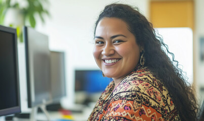 Beautiful young Maori woman at business office, generated ai