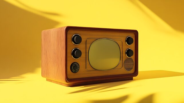 A vintage television set with a wooden body and old-school knobs sitting on a yellow backdrop