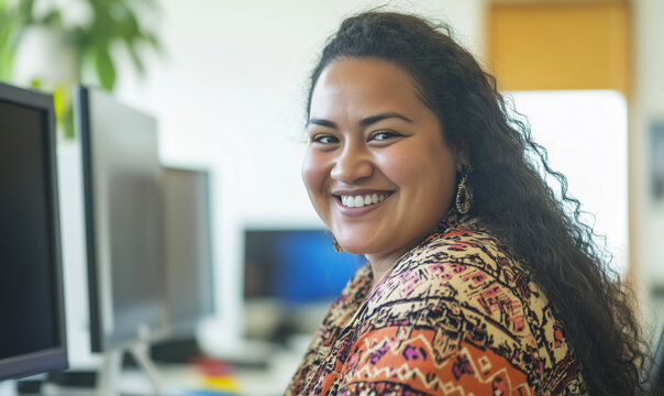 Beautiful young Maori woman at business office, generated ai