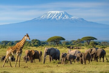 African savanna landscape featuring elephants giraffes and Kilimanjaro