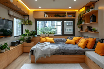 Cozy studio apartment with built-in wooden furniture, large bed, and many plants.