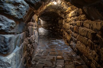 Wet stone pavement under dimly lit vaulted ceiling in a medieval castle tunnel, creating an eerie and mysterious atmosphere