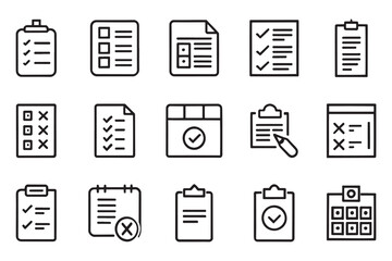 Clipboard, invoice, archive and more related editable stroke outline icon set flat vector illustration