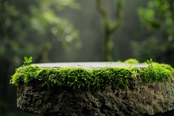 Green moss on stone in the forest. Selective focus. Shallow depth of field.